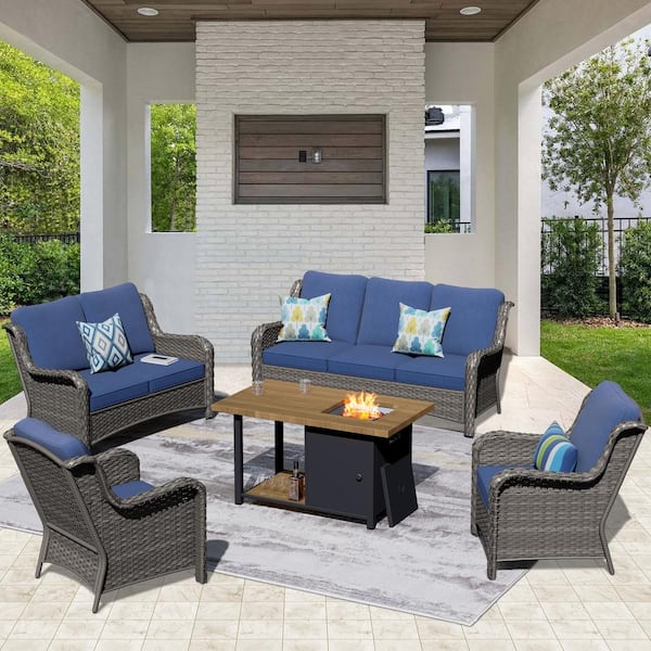 OVIOS Joyo Ung Gray 5-Piece Wicker Outdoor Patio Fire Pit Table Conversation Seating Set with Denim Blue Cushions