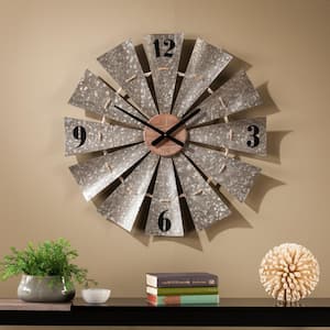 Chadkirk Aged Galvanized Aluminum and Natural Wood Oversized Decorative Windmill Wall Clock