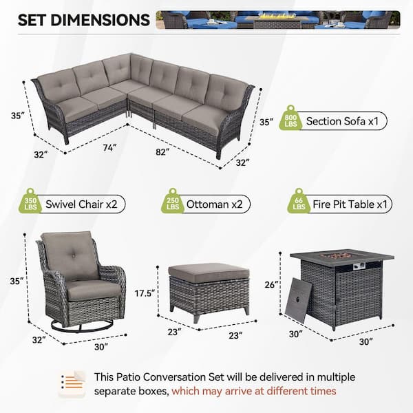 Arcline 7-Piece Gray Wicker Fire Pit Conversation Set with Olefin Gray Cushions L-Shaped Sofa with Patio Swivel Chairs