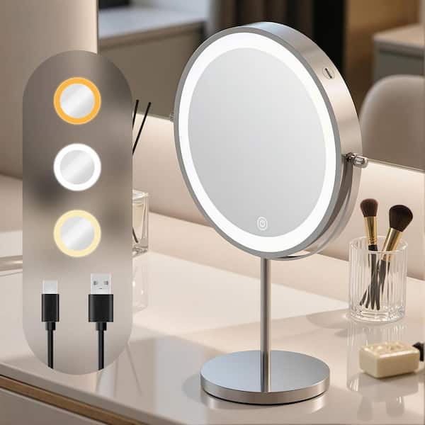 8 in. W x 8 in. H Round LED Lighted 1X/10X Magnifying Mirror Tabletop Bathroom Makeup Mirror in Chrome (Battery/USB)