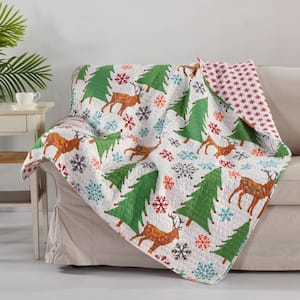 Tinsel Green Cream Red Reindeer Christmas Tree Quilted Microfiber Throw Blanket