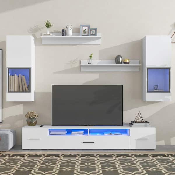 Floating TV Unit, 76'' Wall Mounted TV Cabinet, Floating Shelves with 4  Cabinets, Wood Entertainment Media Console Center Large Storage TV Bench  for