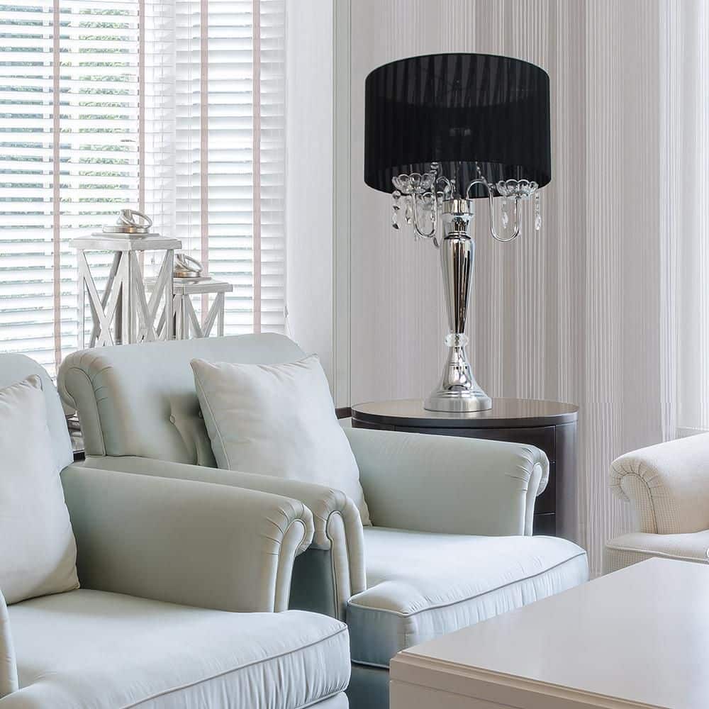 Elegant Black Sheer Shade Table Lamp with Chrome Finish and Hanging Crystals