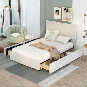Beige Upholstery Wood Frame Full Size Platform Bed with 4 Drawers and Adjustable Headboard