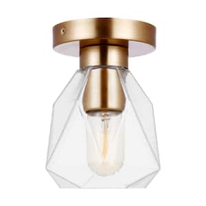 Quinn 6 in. 1-Light Satin Brass Transitional Indoor/Outdoor Dimmable Wall or Ceiling Flush Mount with Clear Glass