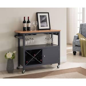 SignatureHome Cleora Grey Wood Movable Kitchen Island Serving Cart, Storage Cabinet & Wine Rack, Size:36"Wx16"Lx33"H