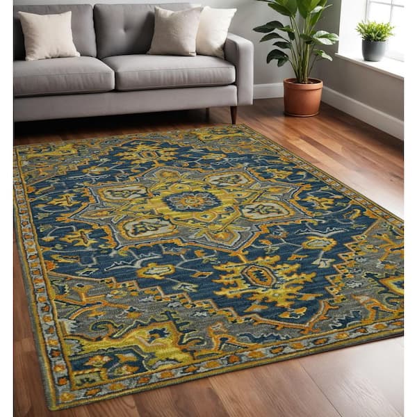 5 ft. x 8 ft. Blue Gray And Orange Wool Medallion Hand Tufted Area Rug