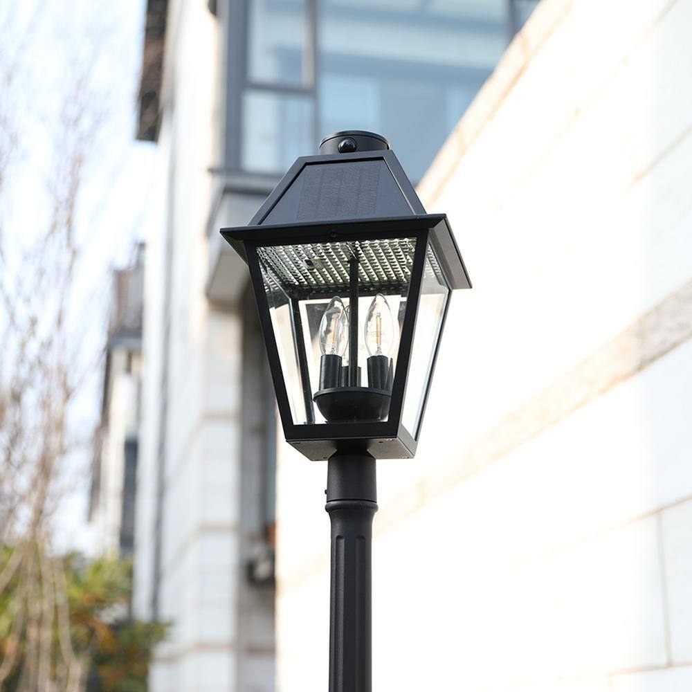 Black Aluminum Solar LED Lamp Post with Clear Glass Shade
