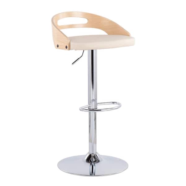 Lumisource Cassis 29.5 in. Natural Wood and Cream Faux Leather Adjustable Bar Stool