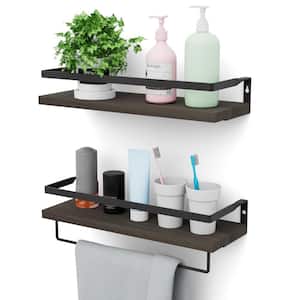 Floating Shelves Set of 2, Dark Brown Shelves for Wall Decor， Bathroom Shelves, Wall Shelves with Towel Bar