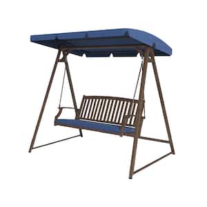 Outdoor 2-Person Brown Patio Swing with Dark Blue Cushion and Adjustable Tilt Canopy