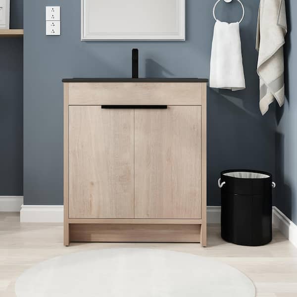30 in. W x 18.3 in. D x 34 in. H Freestanding Bathroom Vanity in Plain Light Oak with Black Ceramic Top