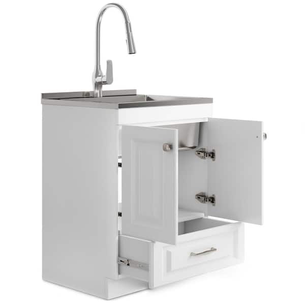 Simpli Home Lawrence All-in-One 28-inch Utility Laundry Sink Cabinet, Pure White