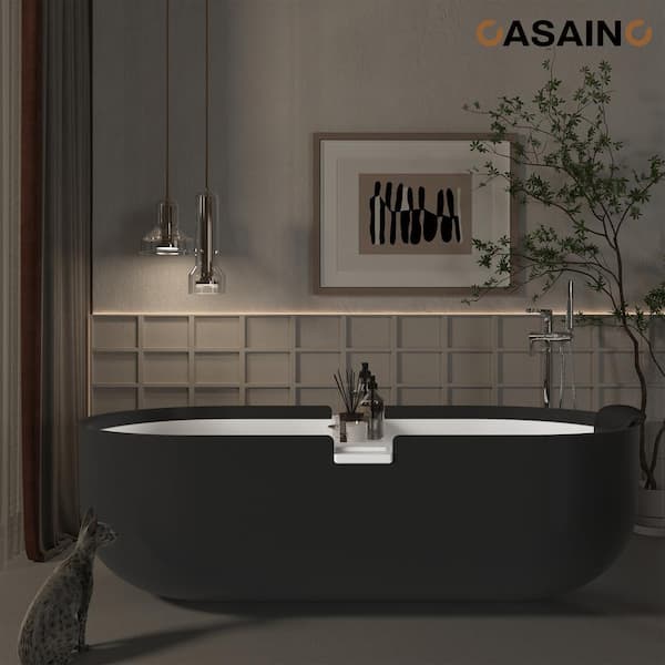 67 in. x 30 in. Solid Surface Stone Free Standing Tub Soaking Bathtub in Matte White with Black Bathtub Pillow