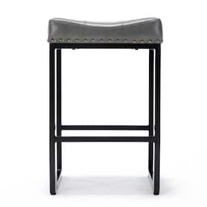 24 in. Gray Cusioned Backless Saddle Faux Leather Bar Stools with Metal Frame(Set of 2)