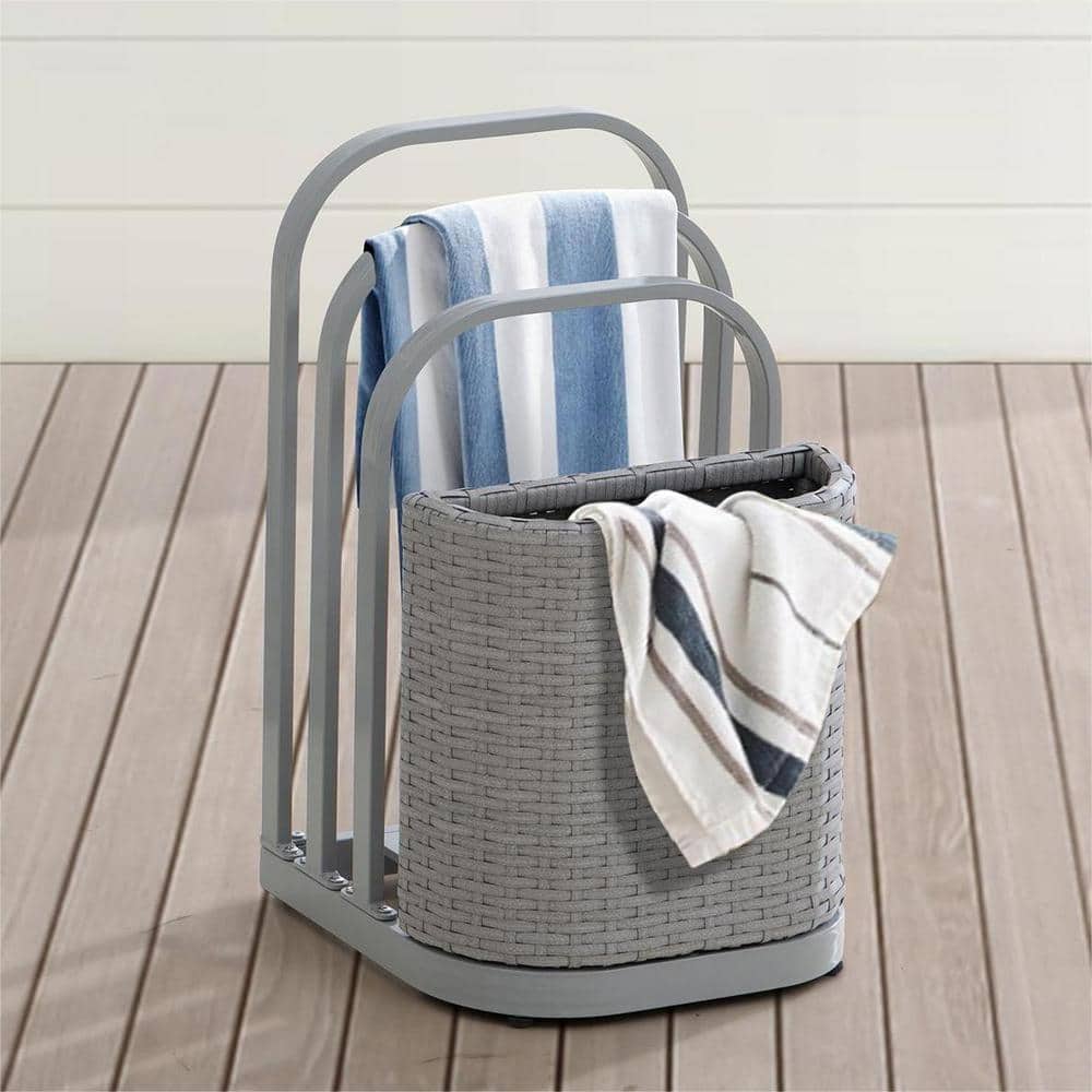 Gray Aluminum and Wicker Poolside Towel Rack with Storage Basket