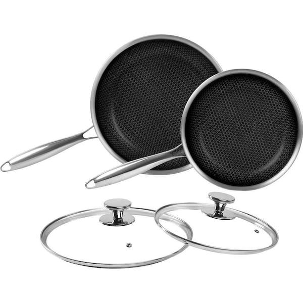 Tri-Ply Stainless Steel 9.5 in. 11 in. Nonstick Skillet Frying Pan in Silver with Lid, (Set of 2)