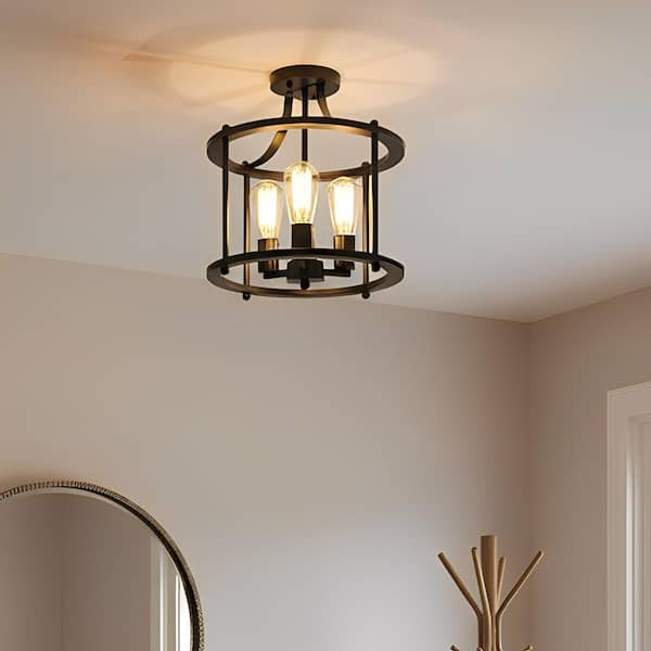 3-Light Black Farmhouse Semi Flush Mount Ceiling Light Fixture, Vintage Ceiling Mount for Dining Room Hallway Entryway