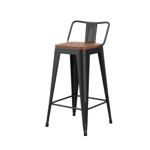 Black Metal Garden Stool Outdoor Patio Counter Height with Wood Plastic Seat 4-Pack Stackable Durable
