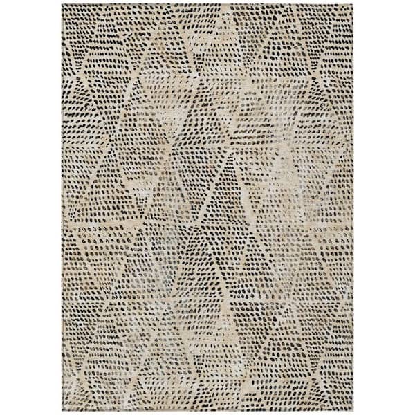 Beige, Ivory, Black 9 ft. x 12 ft. Woven Geometric Polyester Rectangle Indoor / Outdoor Area Rug