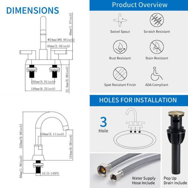 4 in. Centerset 2-Handle 3-Hole 360-Degree Swivel Spout Bathroom Vanity Faucet with Drain in Brushed Gold