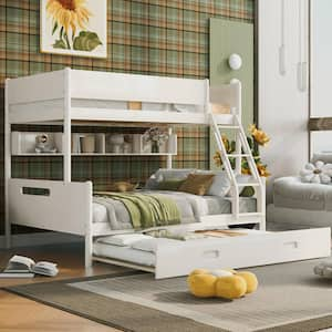 Modern Wood Frame Twin over Full Bunk Bed with Storage Shelves and Twin Size Trundle, Cream