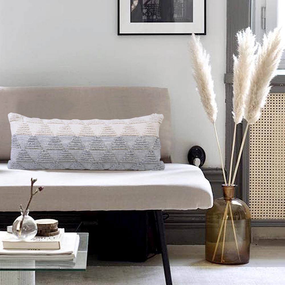 Heathered Gray and Off-White Geometric Cotton Lumbar Pillow