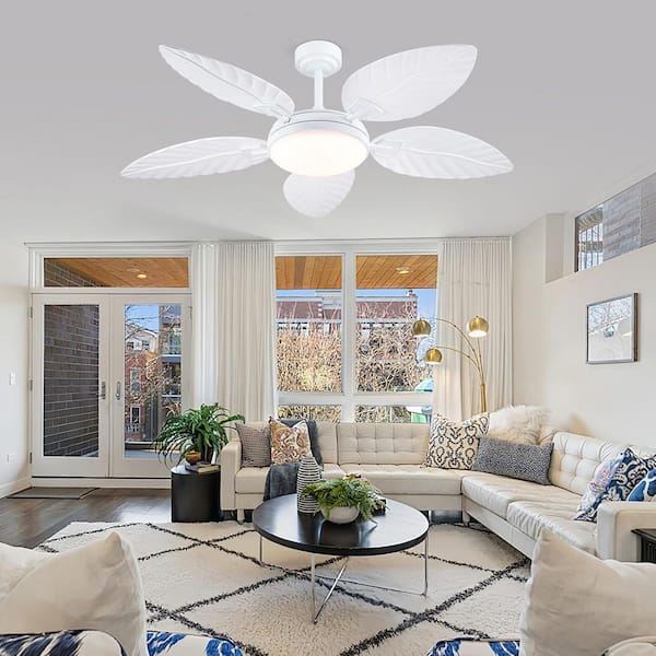 52 in. Indoor/Outdoor White Retro 5 Palm Leaf Shaped Blades Ceiling Fan with Dimmable LED Light and Remote/APP Control