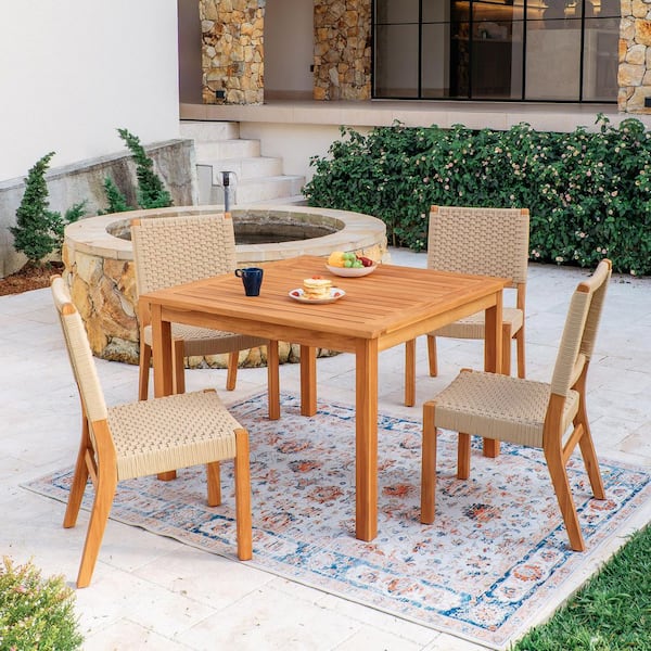 Mabel 5-Piece Premium Indonesia Teak Outdoor Dining Set with Tan Poly Rope with Square Table