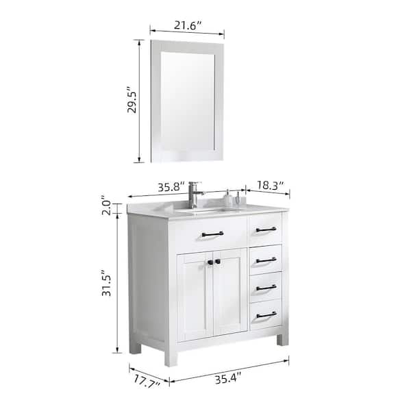 Unbranded Wonline 35.4 in. W x 17.7 in. D x 31.5 in. H Single Sink Bath Vanity in White with White Ceramics Top and Mirror