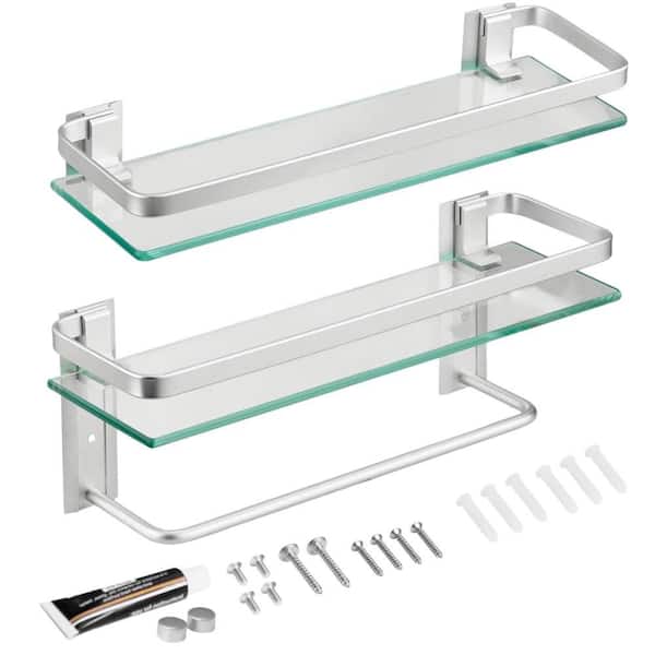 2-Tier 15.7 in. W 5.85 in. H x 4.88 in. D Glass Rectangular Shelf in Silver with Towel Bar, Rustproof Bathroom Organizer