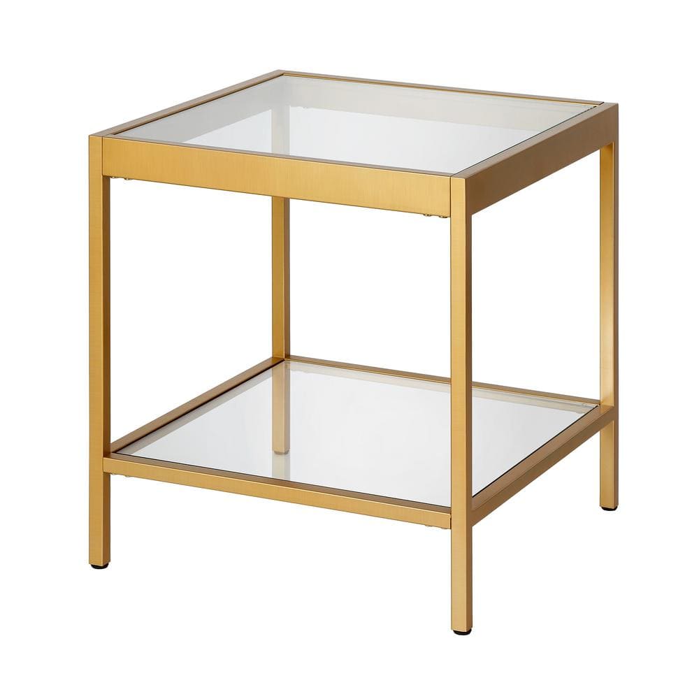 Sleek 20" Brass Square Side Table with Glass Shelves