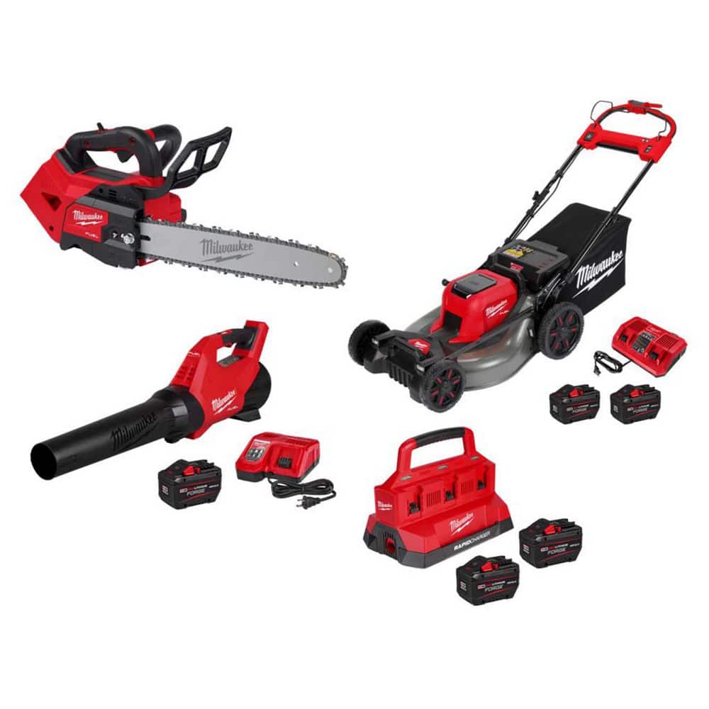 MILWAUKEE M18 FUEL 14 in. 18V Brushless Cordless Battery Top Handle Chainsaw w/ Blower, Mower, (2) 12.0 AH FORGE Battery, Charger (2826-20T-30)