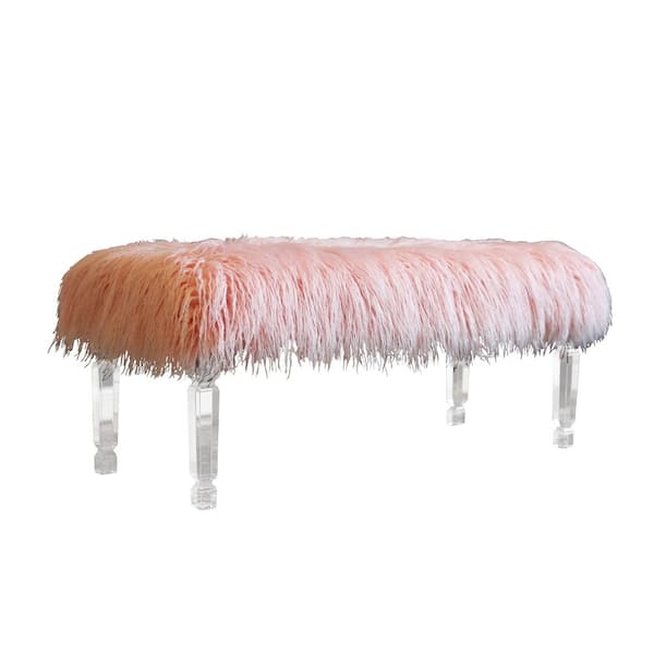 Best Quality Furniture Charlotte 4 Leg Pink Fur Upholstered Bench/Ottoman