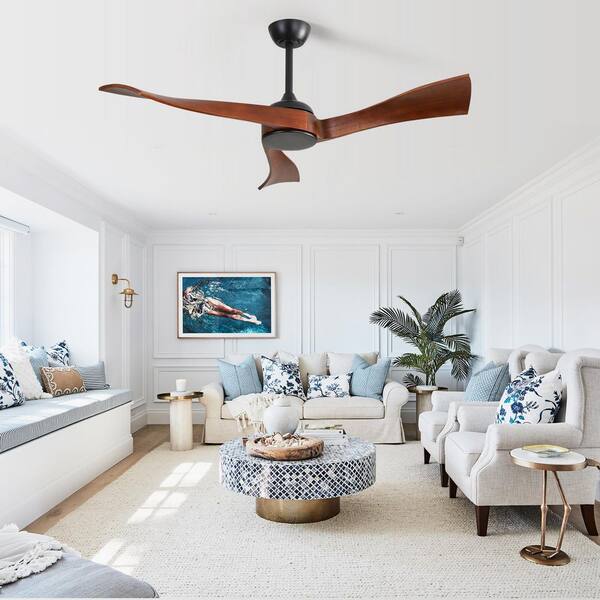 52 in. Smart Black Indoor Solid Wood Brown Blade Downrod Mount Ceiling Fan with 3-Size Downrods and Remote