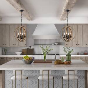 Modern Farmhouse 20 in. 4-Light Black Artisan Iron Orb Chandelier with Painted Pine Wood Accents Pendant Light