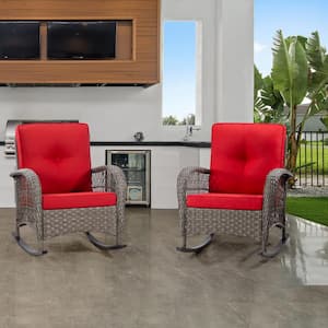 Brown Wicker Outdoor Rocking Chair Patio with Red Cushions (2-Pack)