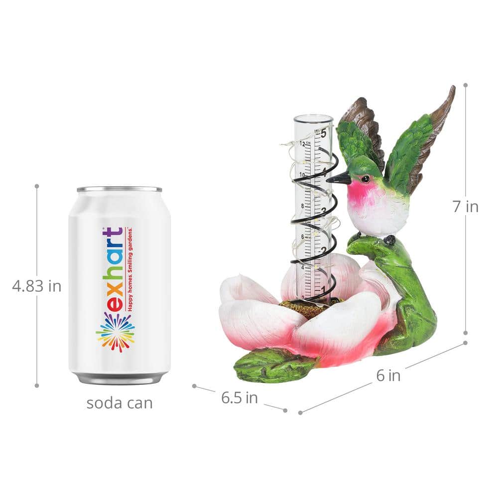 Solar Pink Flower and Hummingbird Garden Rain Gauge with LED Lights
