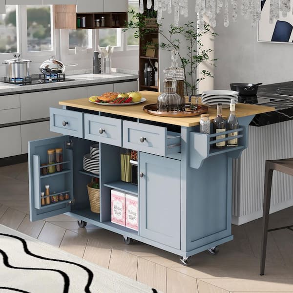 Dropship Kitchen Cart With Rubber Wood Drop-Leaf Countertop ,Cabinet Door  Internal Storage Racks,Kitchen Island On 5 Wheels With Storage Cabinet And  3 Drawers For Dinning Room, Grey Blue to Sell Online at