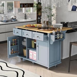 Blue Rubberwood Drop-Leaf Countertop 53.1 in. Kitchen Island Cart with Cabinet Door Internal Storage Racks and 3-Drawer