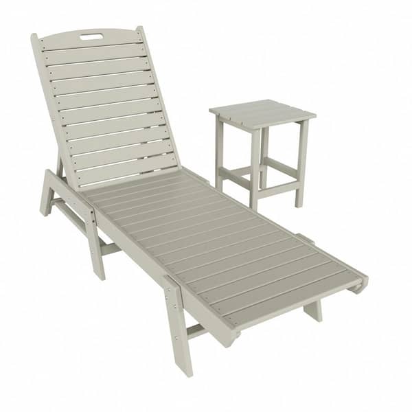 Laguna 2-Piece Sand Fade Resistant Poly HDPE Plastic Outdoor Patio Reclining Chaise Lounge Chair with Side Table Set