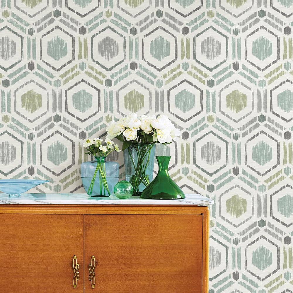 Light Green and Gray Geometric Grasscloth Wallpaper