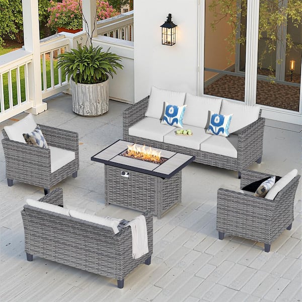 OVIOS New Star Gray 5-Piece Wicker Patio Rectangle Fire Pit Conversation Seating Set with Gray Cushions