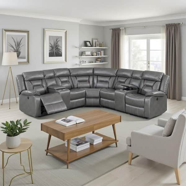 Lof 106.0 in. Pillow Top Arm Faux Leather Modern L-Shaped Power Reclining Sectional Sofa Set in. Gray
