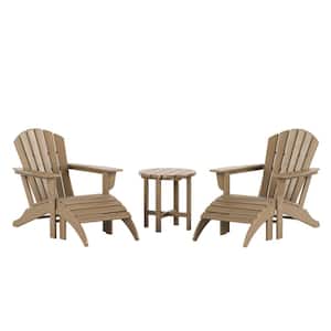 Vesta Weatherwood Brown Plastic Outdoor Adirondack Chair With Ottoman and Table Set (5-Piece)