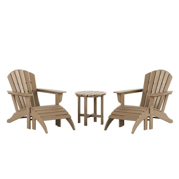 WESTIN OUTDOOR Vesta Weatherwood Brown Plastic Outdoor Adirondack Chair With Ottoman and Table Set (5-Piece)
