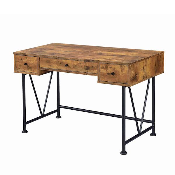 Benjara 48 in. Rectangular Antique Brown 3 Drawer Writing Desk with Built-In Storage