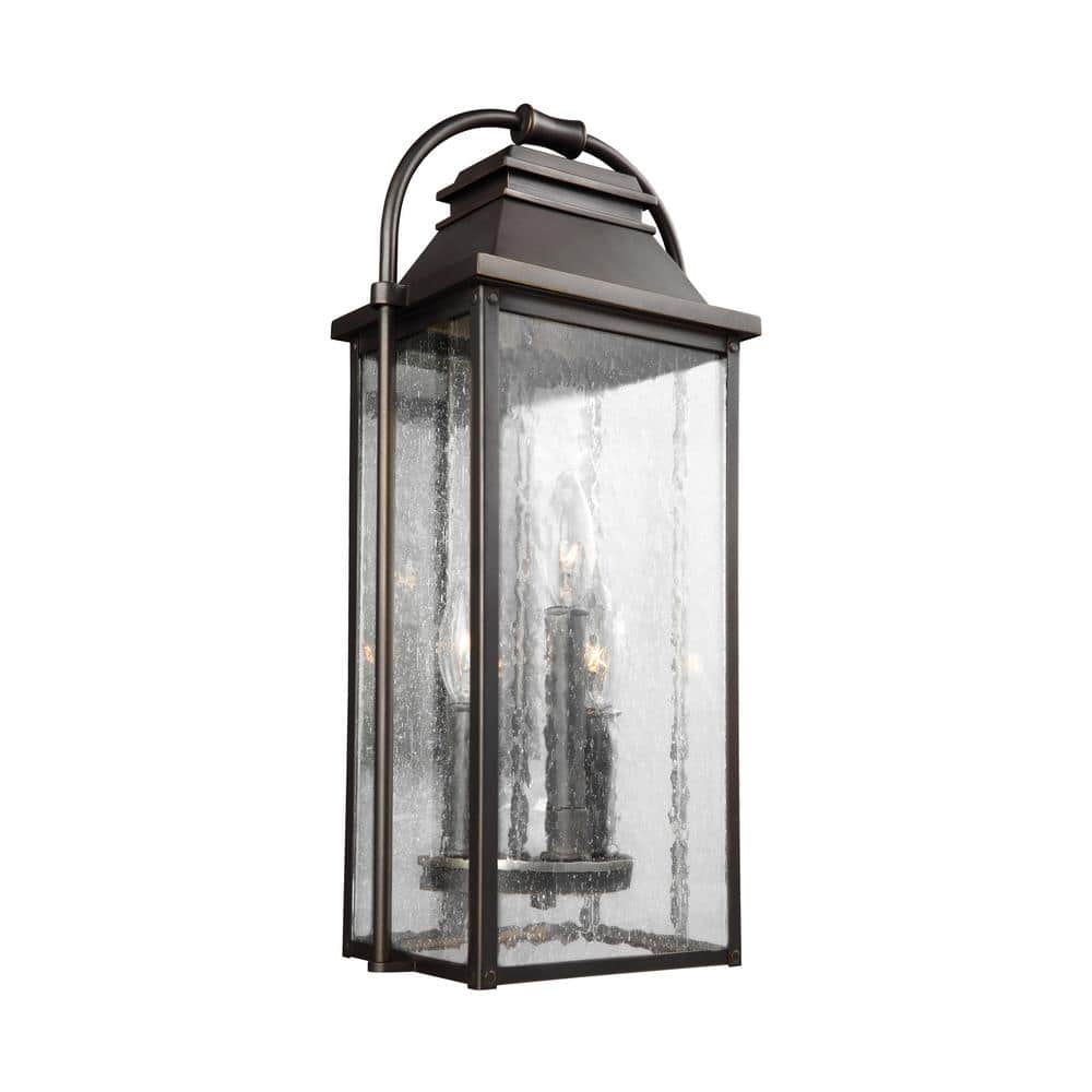Antique Bronze Seeded Glass 3-Light Rectangular Lantern