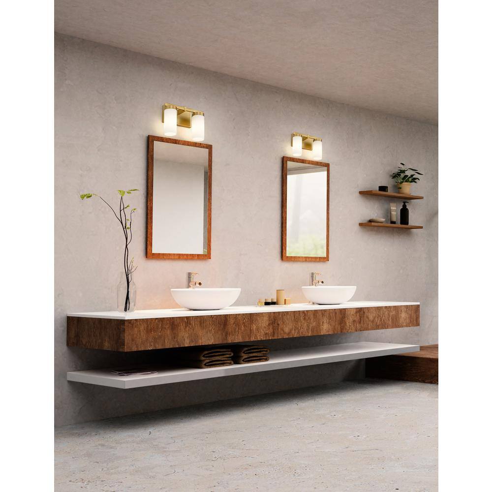 Modern Gold Vanity Light with Frosted White Glass Cylinders