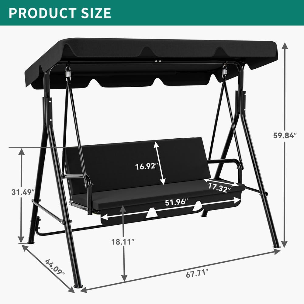 Black Powder Coated Steel 3-Person Outdoor Patio Swing with Adjustable Canopy